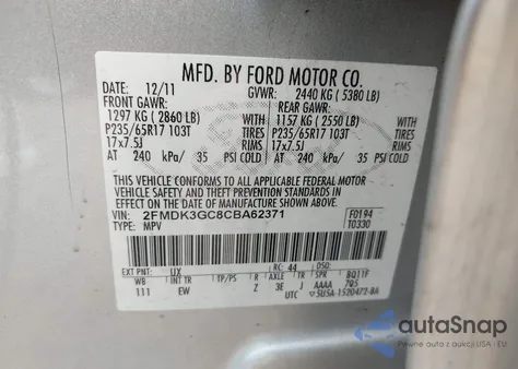 2012 Ford Edge Se z USA, uszkodzony, nr VIN 2FMDK3GC8CBA62371